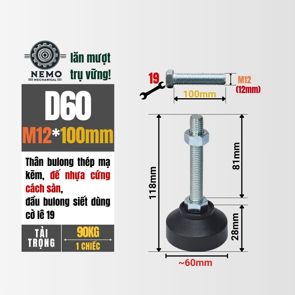 Chân Tăng Chỉnh Đế Nhựa Cứng – Giải Pháp Cân Bằng & Chống Rung (M10, M12, M16)
